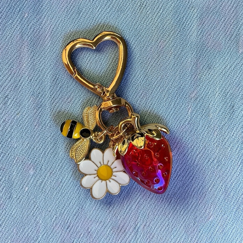 Strawberry Bee Flower Bag Charm Gold Cute Kawaii Cottagecore Purse